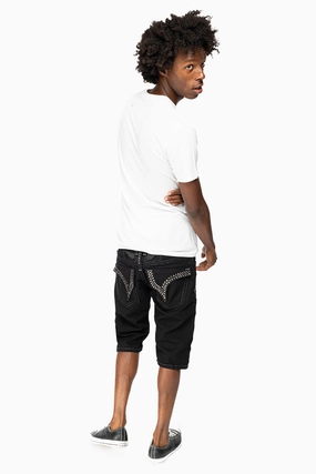Date Night Daily Wear LIMITED EDITION MENS SHORTS WITH  FLAP POCKETS IN PURE BLK WASH WITH BLK DIAMOND CRYSTALS
