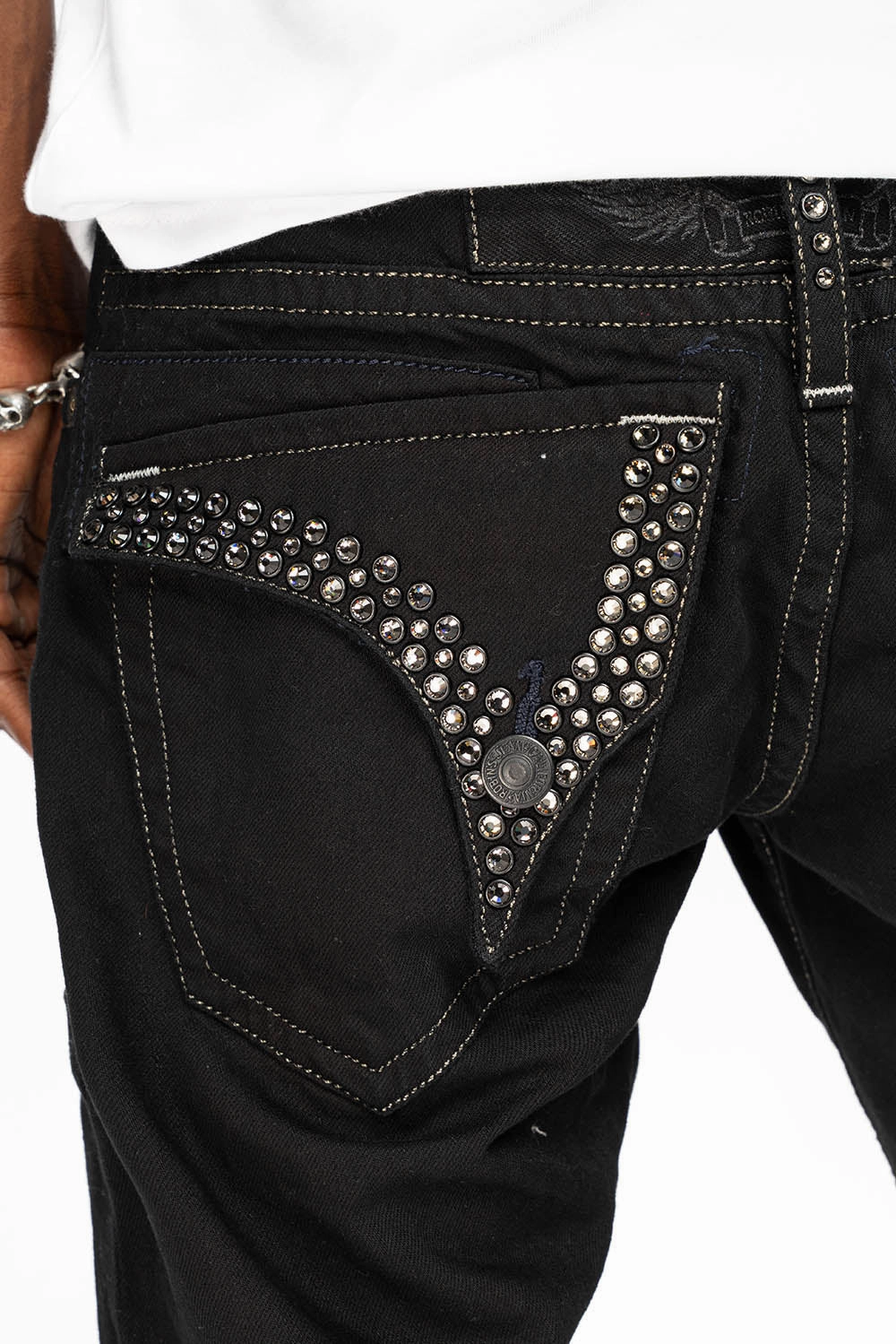 Go Out Style Sandblasted Details LIMITED EDITION MENS SHORTS WITH  FLAP POCKETS IN PURE BLK WASH WITH BLK DIAMOND CRYSTALS