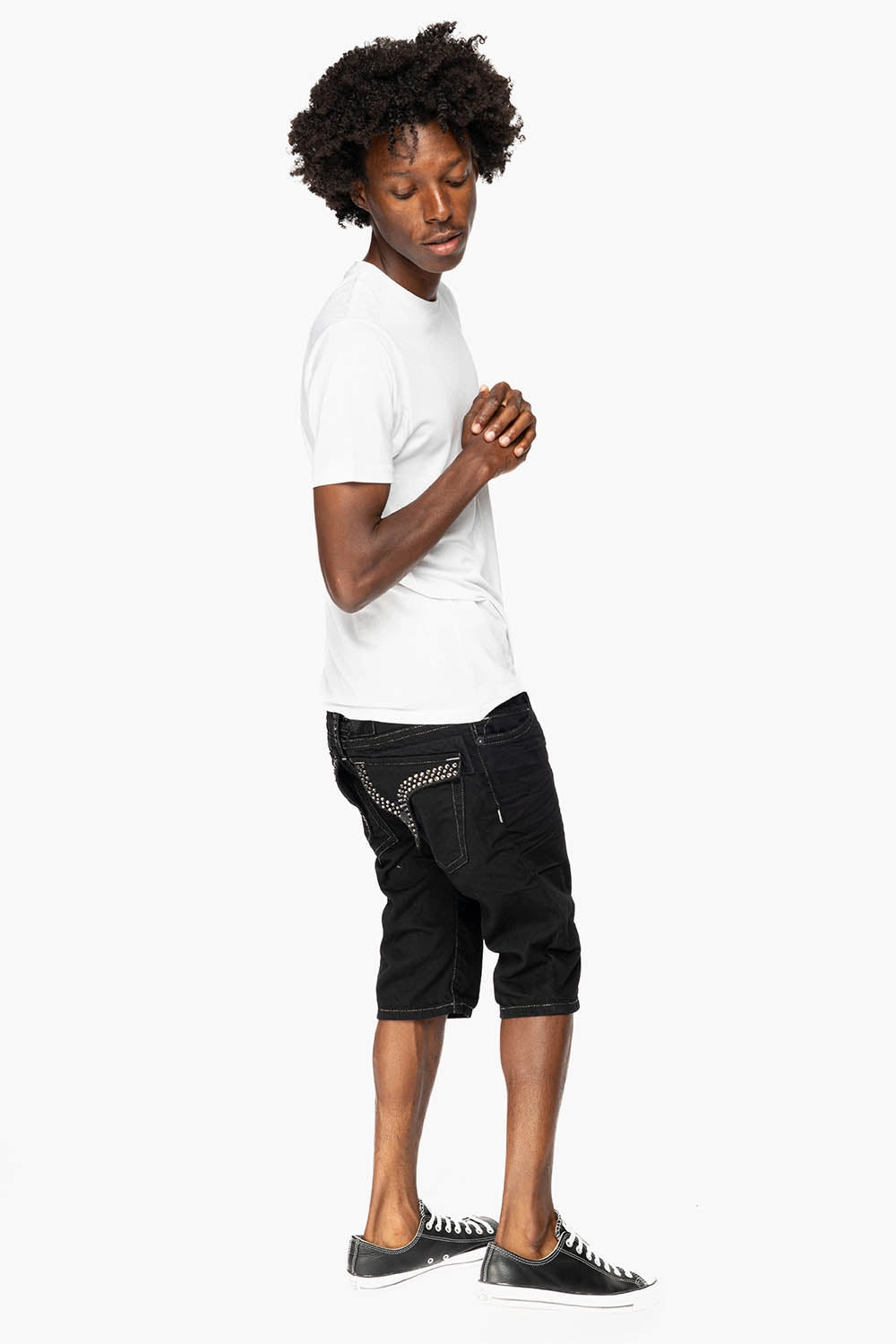 LIMITED EDITION MENS SHORTS WITH  FLAP POCKETS IN PURE BLK WASH WITH BLK DIAMOND CRYSTALS Easy Fit Neutral Base