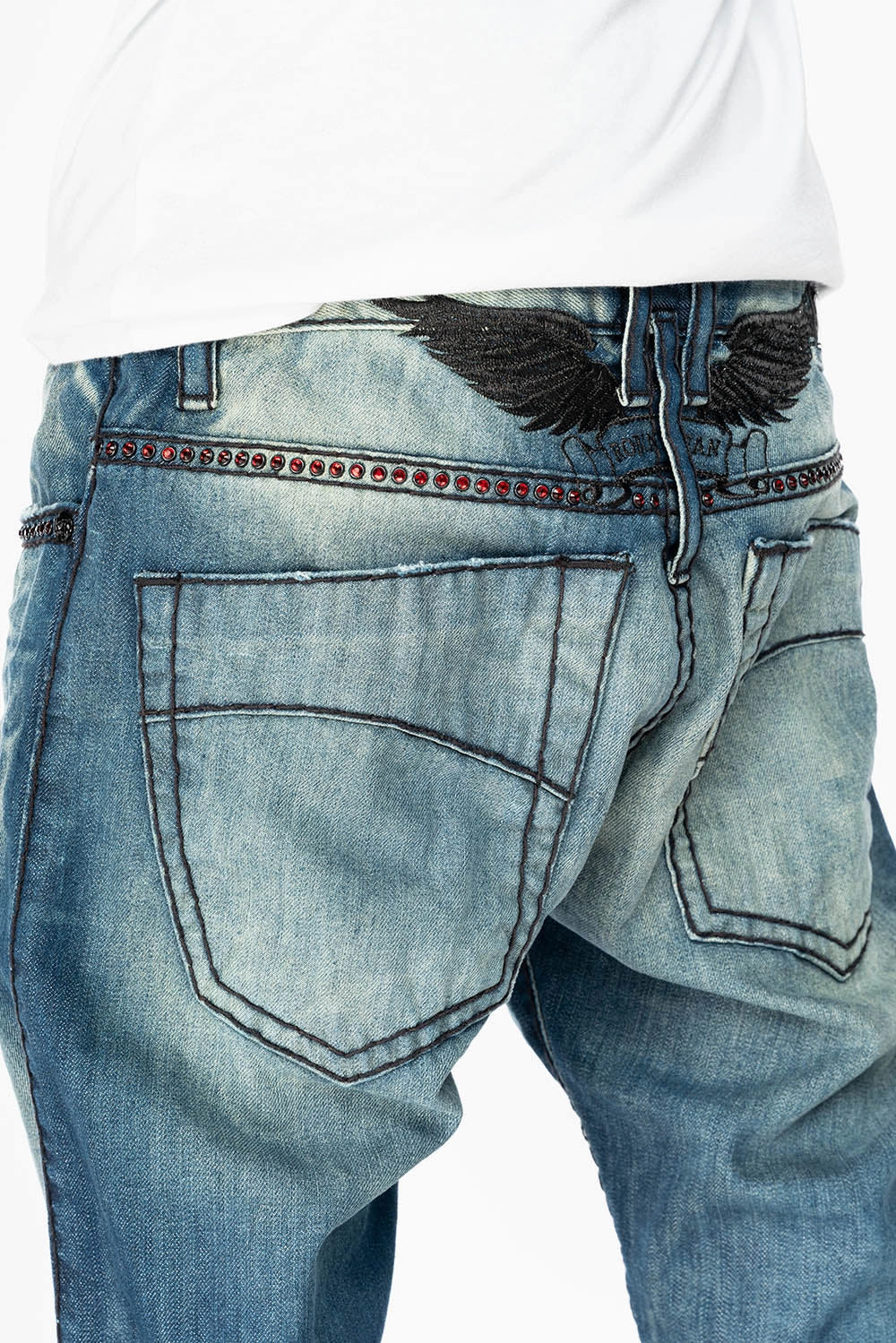 LIMITED EDITION  SLIM FIT JEANS IN OMAHA GASOLINE WASH WITH HEAVY STITCHING EMBELLISHED WITH RED CRYSTALS Shopping Day Vibrant Office Wear