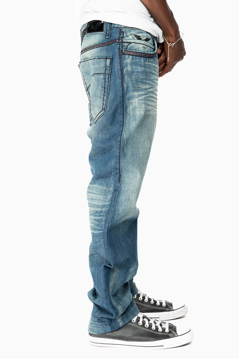 LIMITED EDITION  SLIM FIT JEANS IN OMAHA GASOLINE WASH WITH HEAVY STITCHING EMBELLISHED WITH RED CRYSTALS Modern Comfort