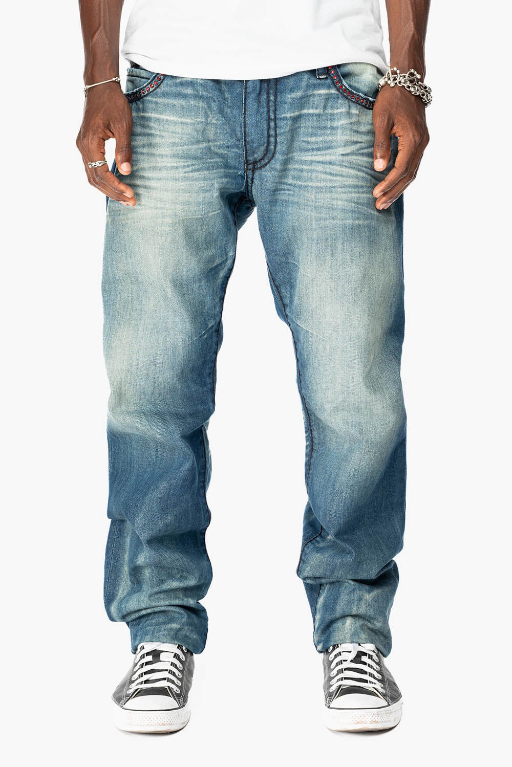 Flexible Waistband Loose High Quality Morning Stroll LIMITED EDITION  SLIM FIT JEANS IN OMAHA GASOLINE WASH WITH HEAVY STITCHING EMBELLISHED WITH RED CRYSTALS