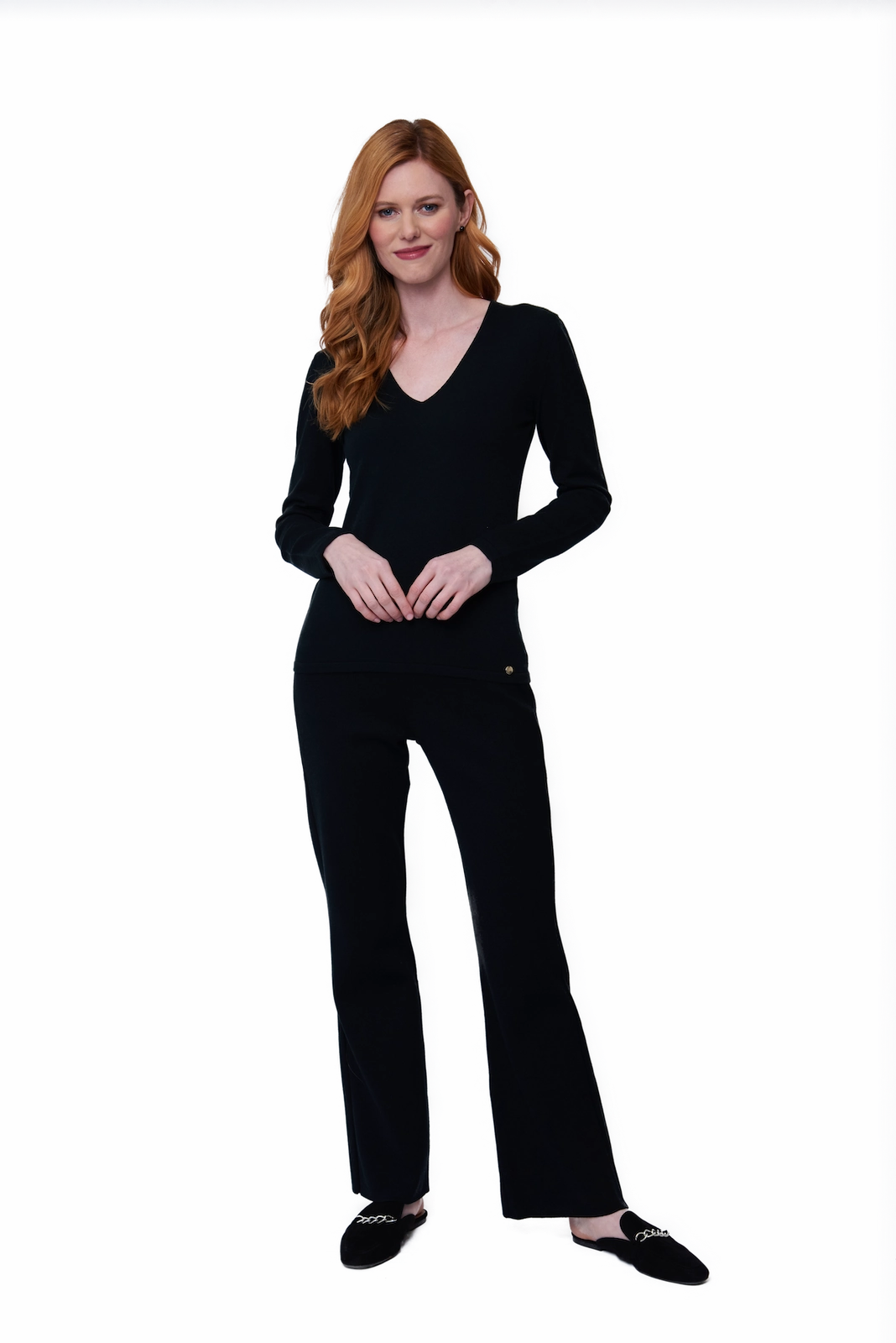 Conference Appropriate Viv Long Sleeve V-Neck Top - Black