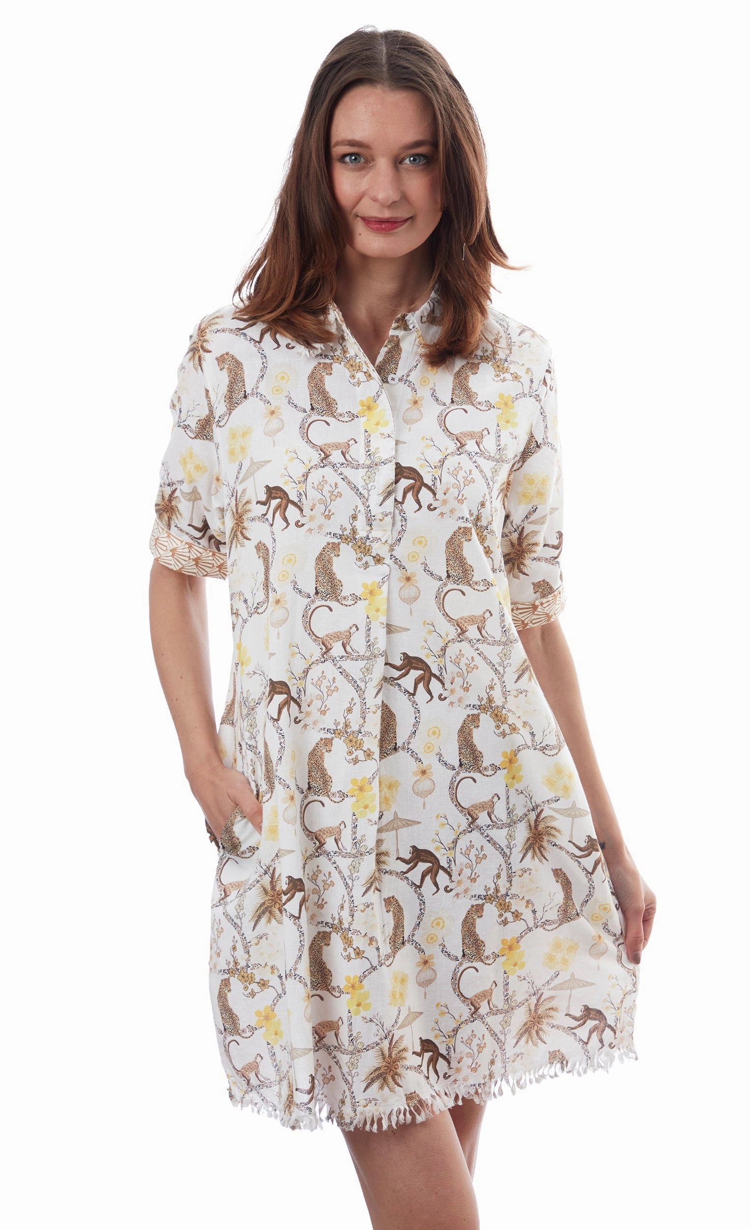 Chatham Dress - Monkeys Print Puff-Sleeve Light Bow