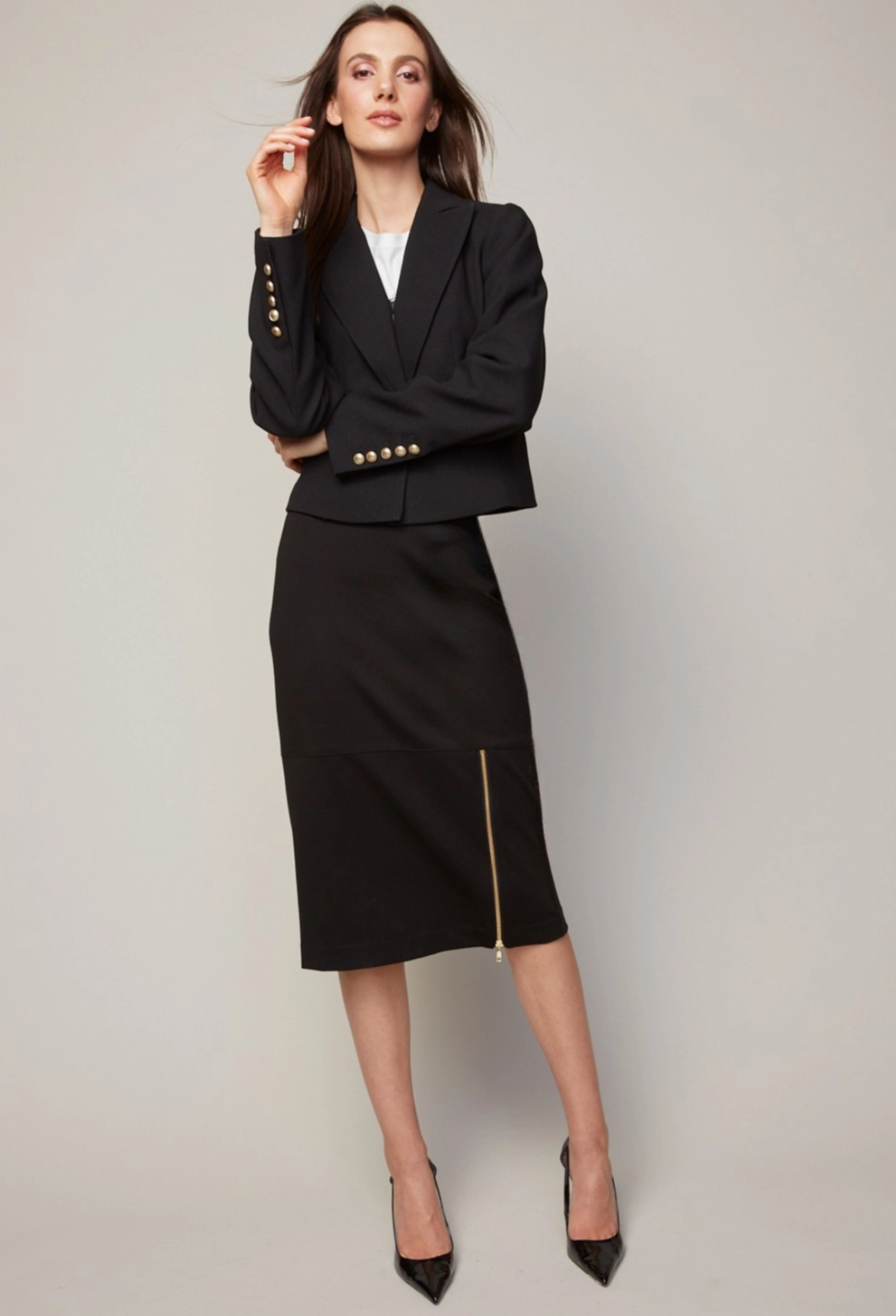 Bing Stretch Pencil Skirt With Zipper Detail - Black Monochrome Outfit