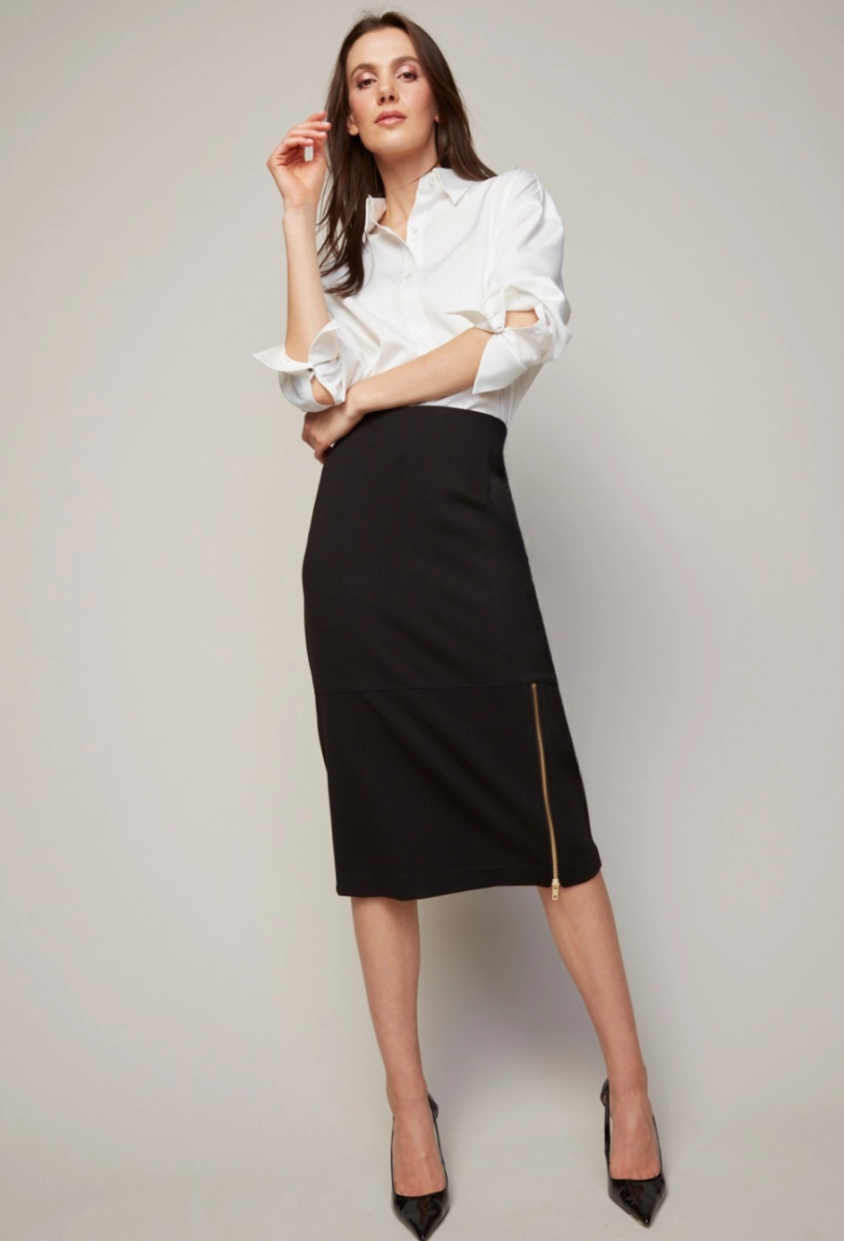 Dust Proof Fabric Bing Stretch Pencil Skirt With Zipper Detail - Black