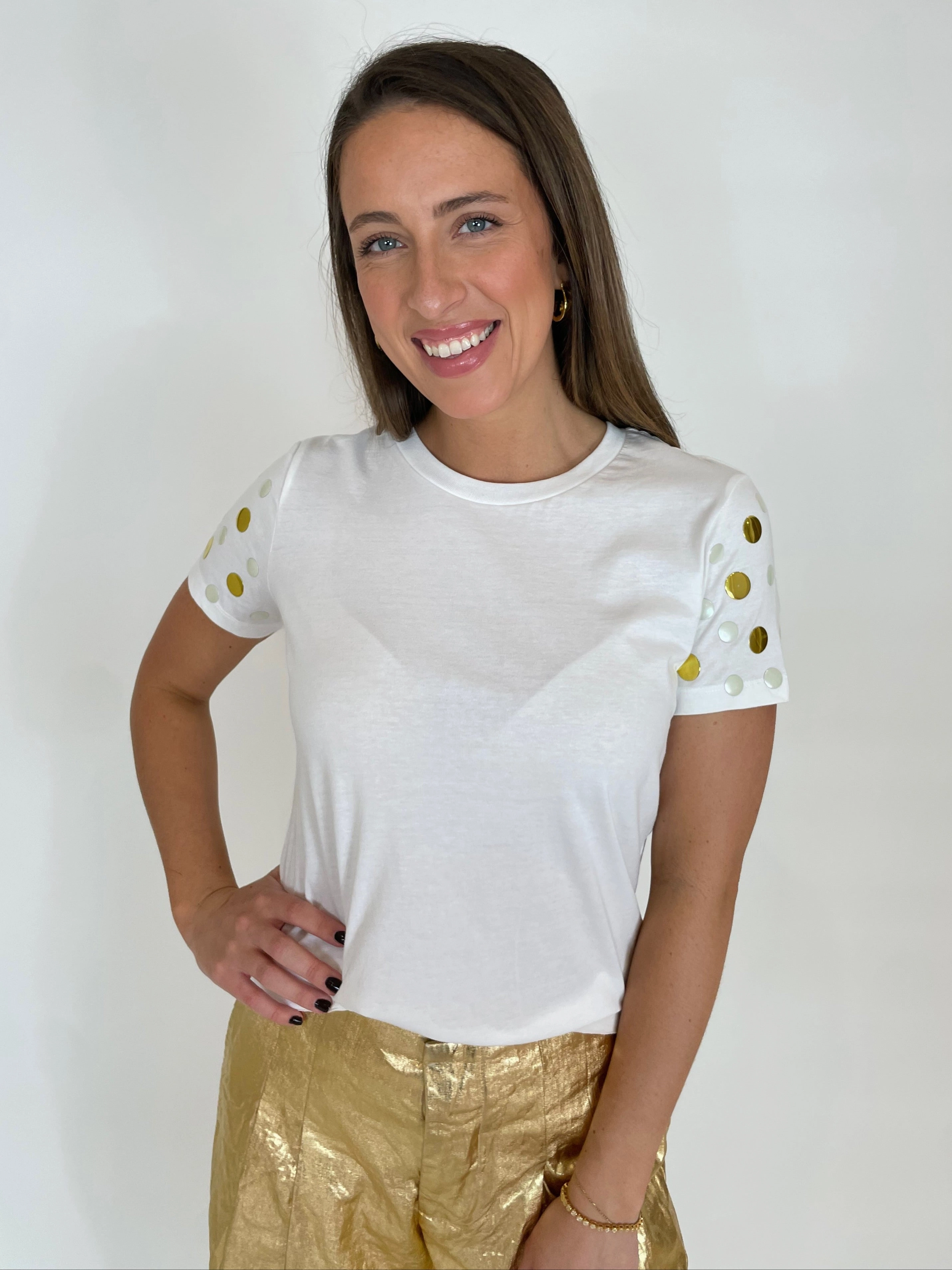 Anti Static Fabric Sophisticated Elegance Short Sleeve Stud T-Shirt - White/Pearl/Gold