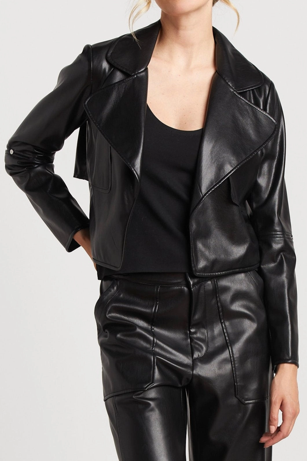 Ninon Short Vegan Leather Jacket - Black Drop Tail Hem