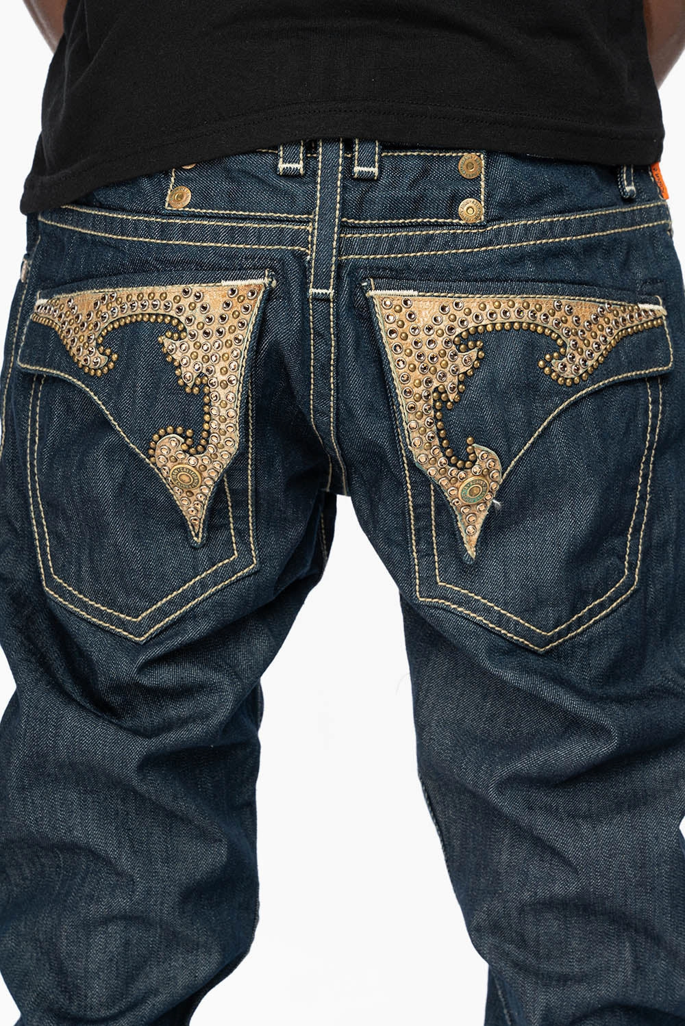 WESTERN RODEO DESIGN LEATHER  FLAPS JEAN WITH EMBELLISHMENTS IN RINSE WASH Gym Ready Vibrant Bold
