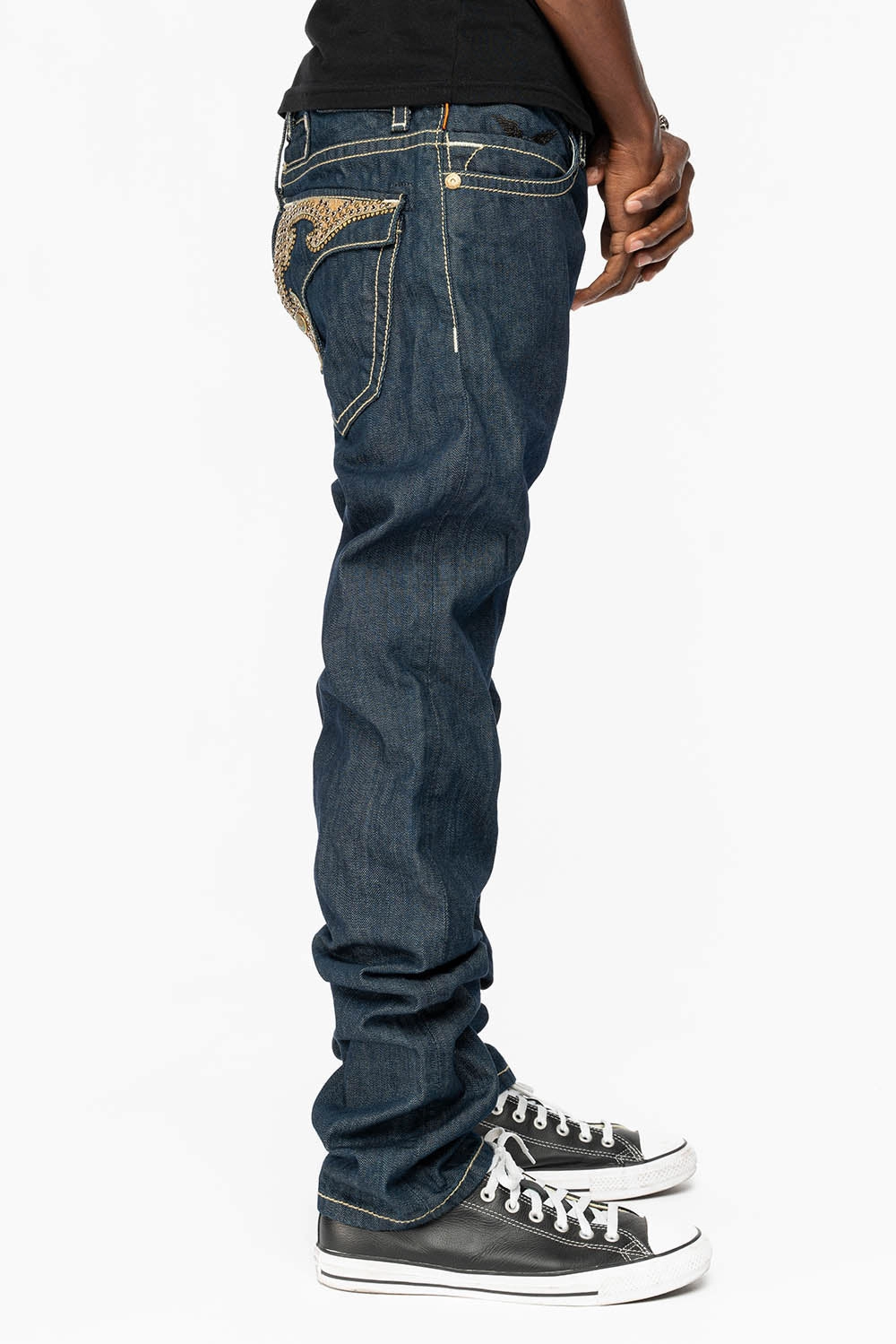 WESTERN RODEO DESIGN LEATHER  FLAPS JEAN WITH EMBELLISHMENTS IN RINSE WASH Non Restrictive Cut Durable Summer Vibes