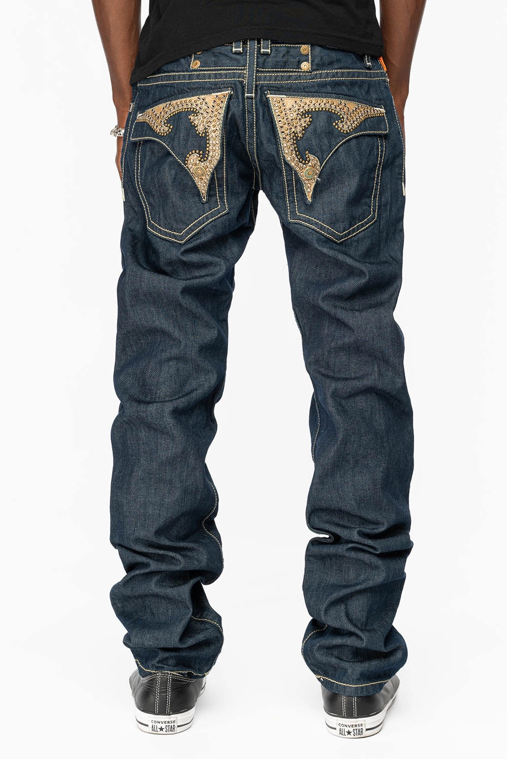 WESTERN RODEO DESIGN LEATHER  FLAPS JEAN WITH EMBELLISHMENTS IN RINSE WASH Mid Rise Professional Wear Artist Vibe