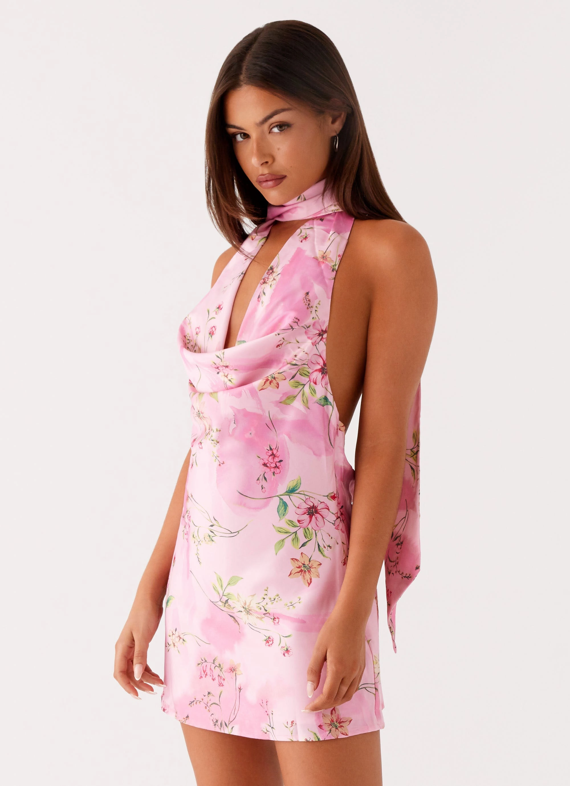 Cold-Shoulder bold appearance Heidi Mini Dress - Pink Floral