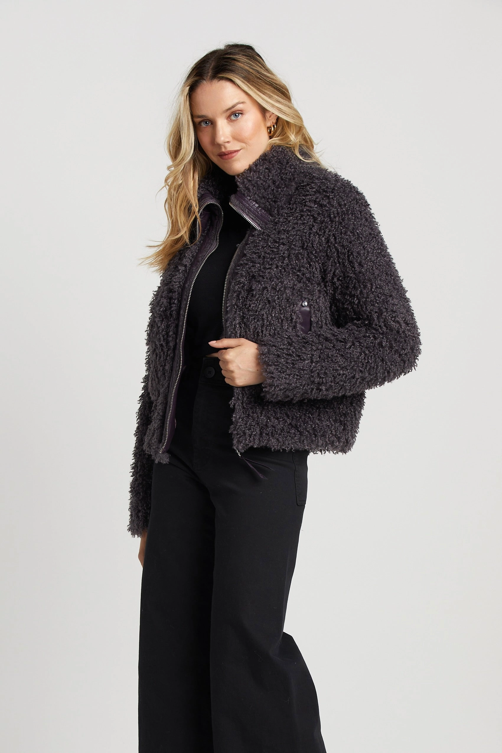 Carrie Short Mongolian Faux Fur Coat - Mulberry Reinforced Elbow Patches