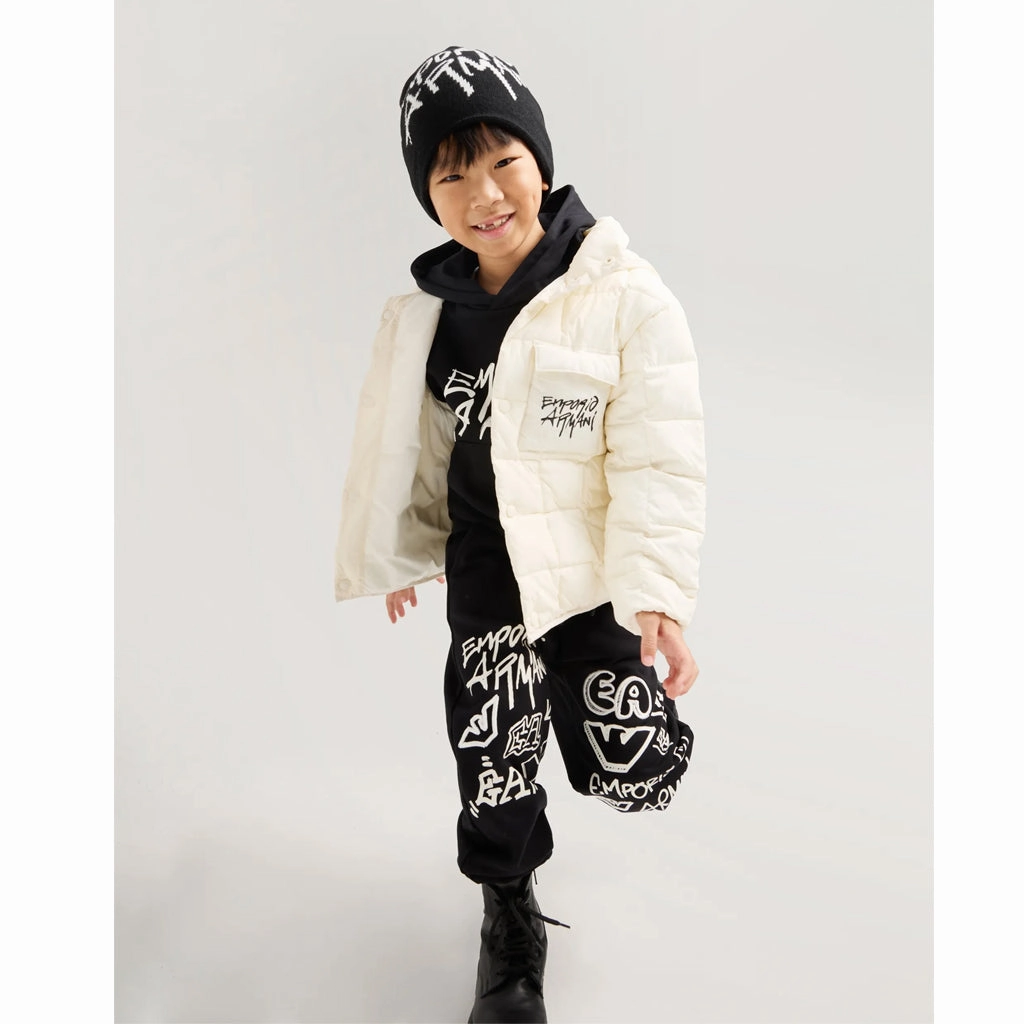 TapedZippers Classic Fit Emporio Armani Junior Ea Crew Hooded Sweatshirt In Jersey With Graffiti Logo Print