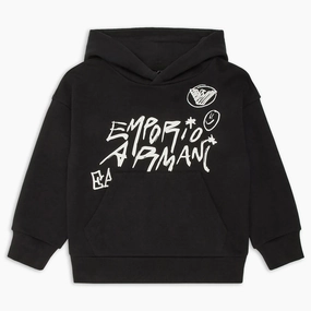 Emporio Armani Junior Ea Crew Hooded Sweatshirt In Jersey With Graffiti Logo Print Sun Protection Fabric Crisp Clean Fit