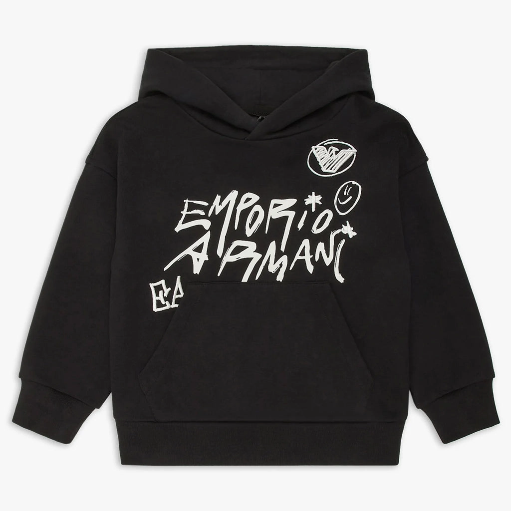 Emporio Armani Junior Ea Crew Hooded Sweatshirt In Jersey With Graffiti Logo Print Sun Protection Fabric Crisp Clean Fit