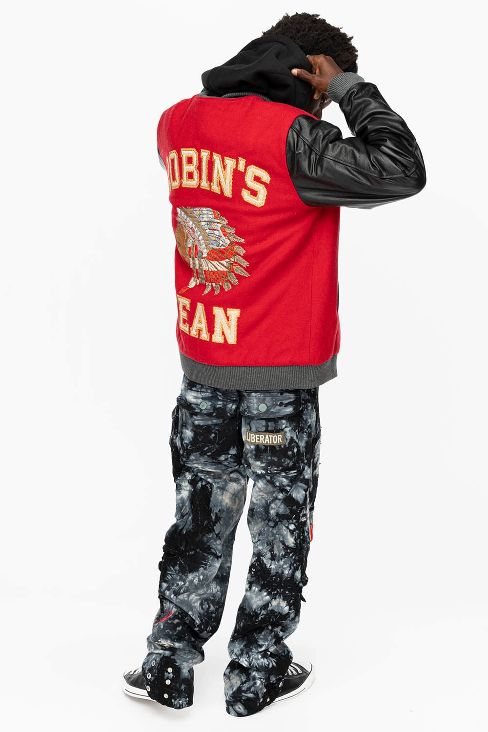 ROBIN??S WOOL & LEATHER VARSITY BOMBER JACKET IN RED/BLACK Flexible Armholes Textured Finish