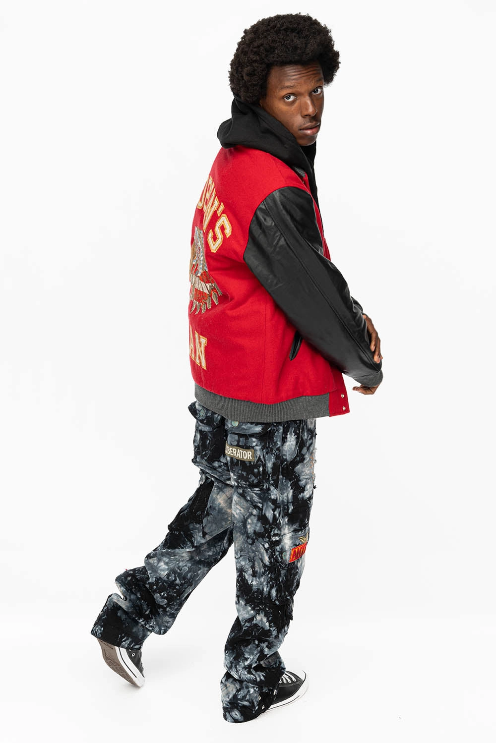 ROBIN??S WOOL & LEATHER VARSITY BOMBER JACKET IN RED/BLACK City Ready Style Softshell Fabric