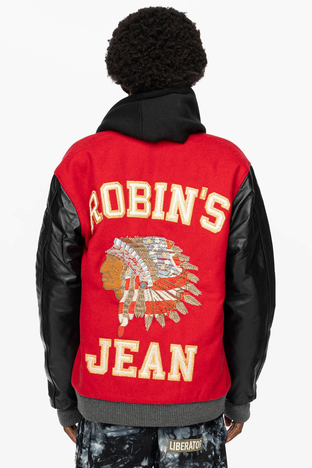 ROBIN??S WOOL & LEATHER VARSITY BOMBER JACKET IN RED/BLACK Water Repellent Finish High Visibility Trims