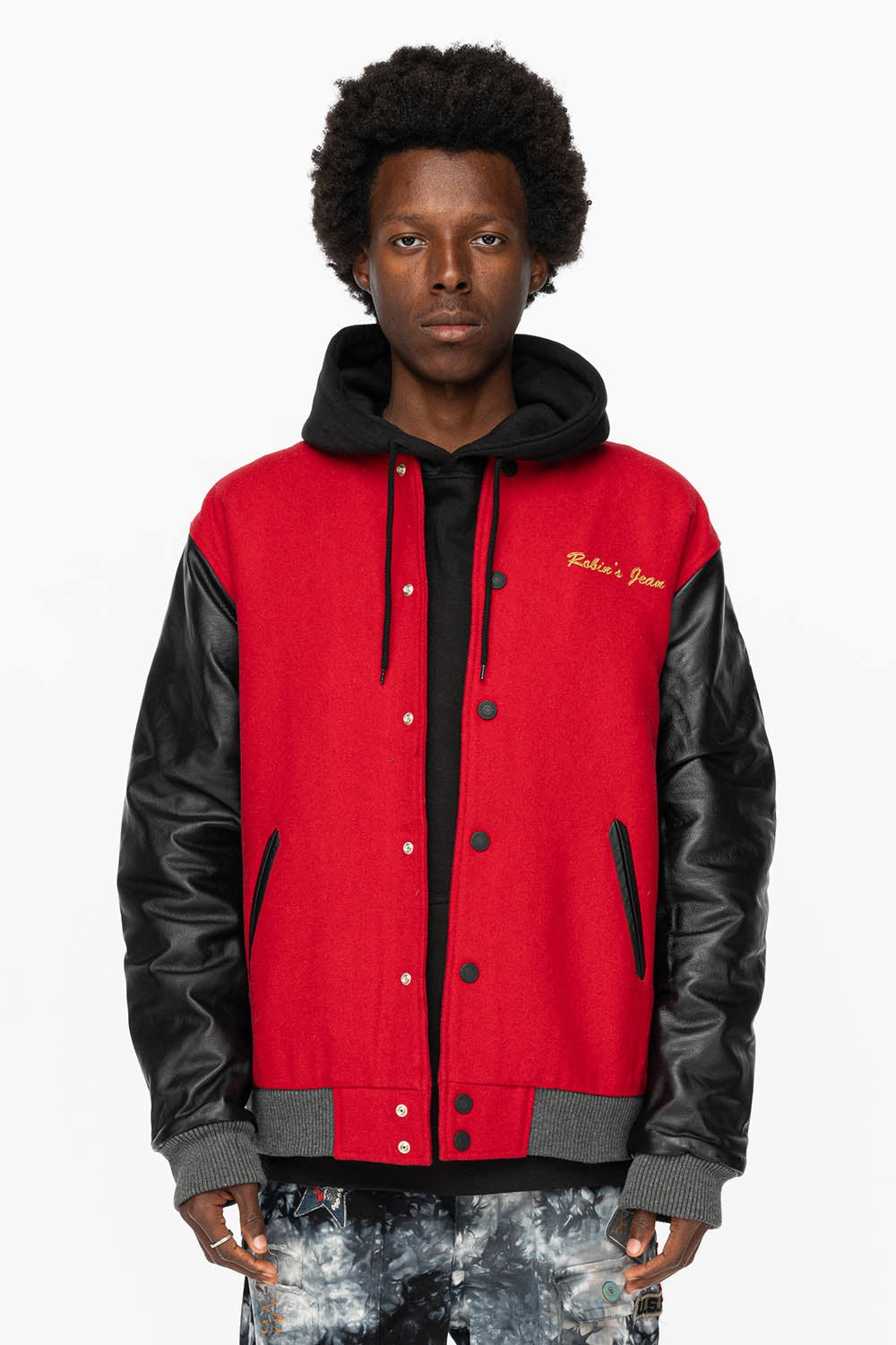 ROBIN??S WOOL & LEATHER VARSITY BOMBER JACKET IN RED/BLACK AdjustableDrawcordHem Lightweight Lining