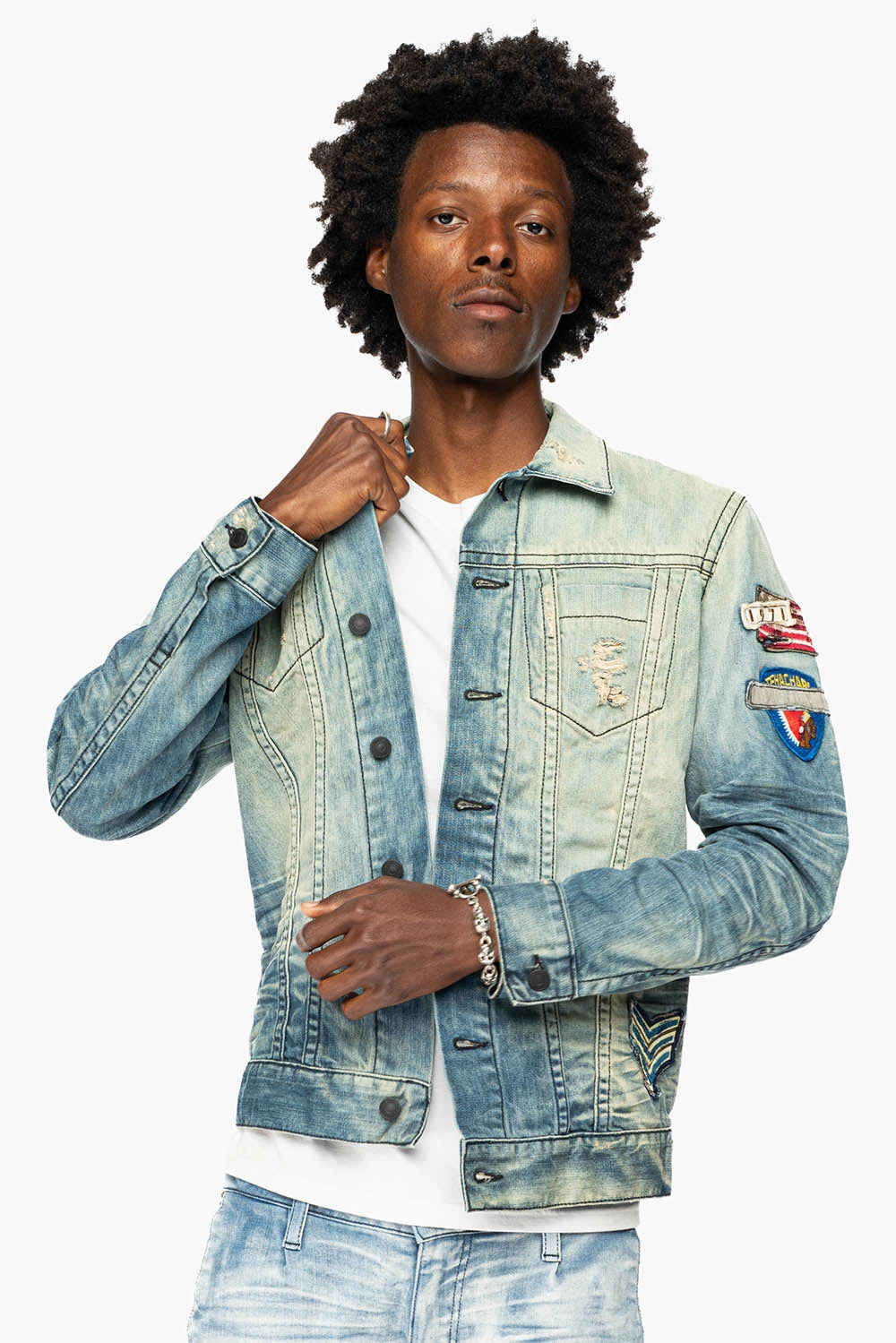 Laser Cut Airflow Vents WeatherproofZipper MENS DENIM JACKET IN ALLOY MEDIUM BROKEN WASH WITH PATCHES