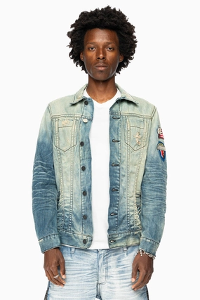 MENS DENIM JACKET IN ALLOY MEDIUM BROKEN WASH WITH PATCHES NonChafing Seam Placement