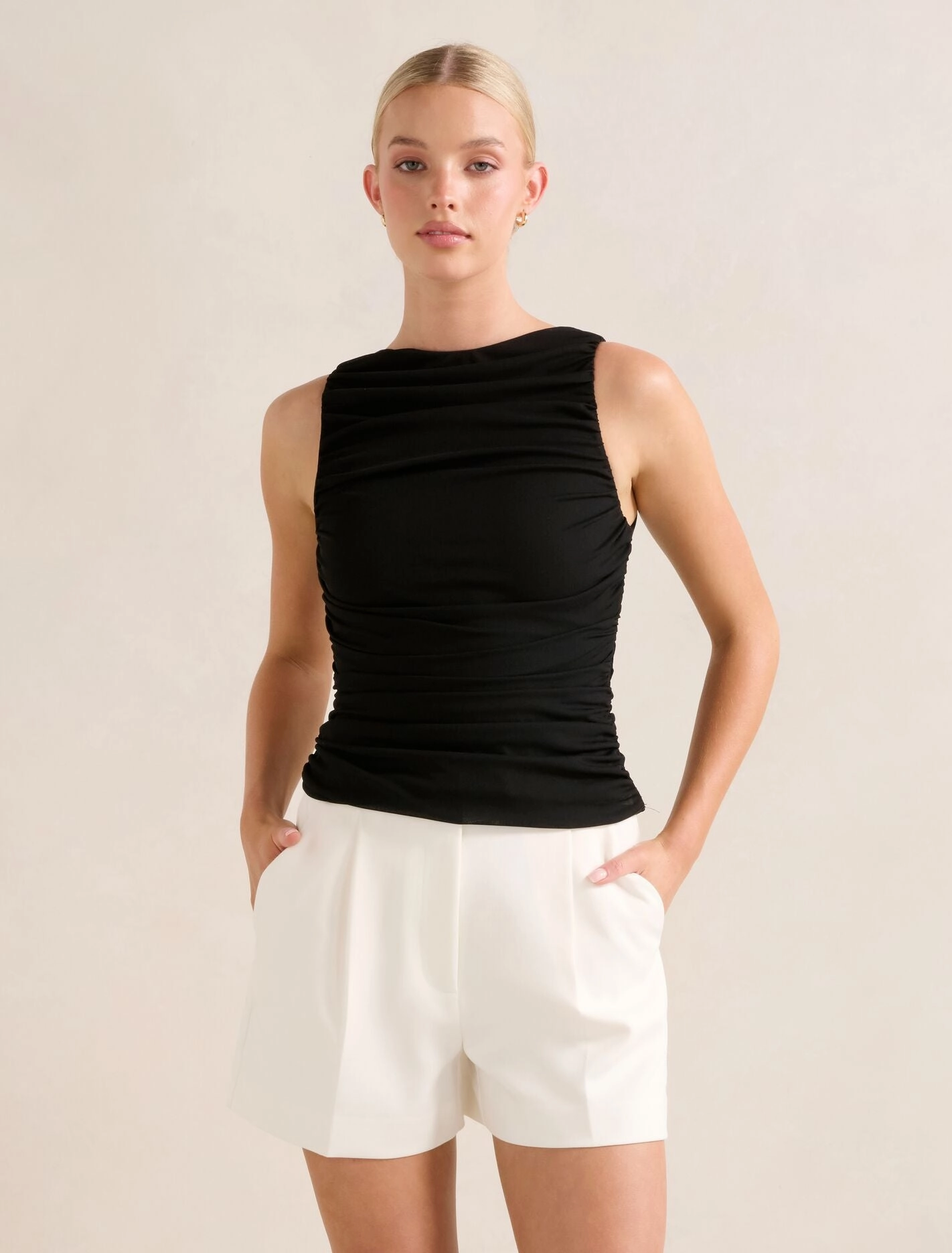 Pippa Ruched Boat Neck Top Fade Resistant Finish Wrinkle resistant fabric