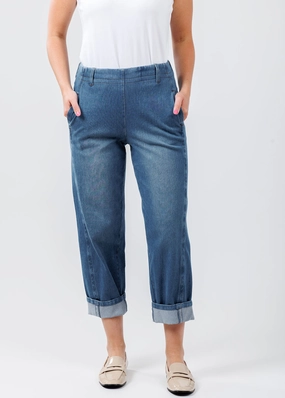 Flexible Ankle Cuffs Winslet Cuffed Barrel Crop Denim - Mid Wash