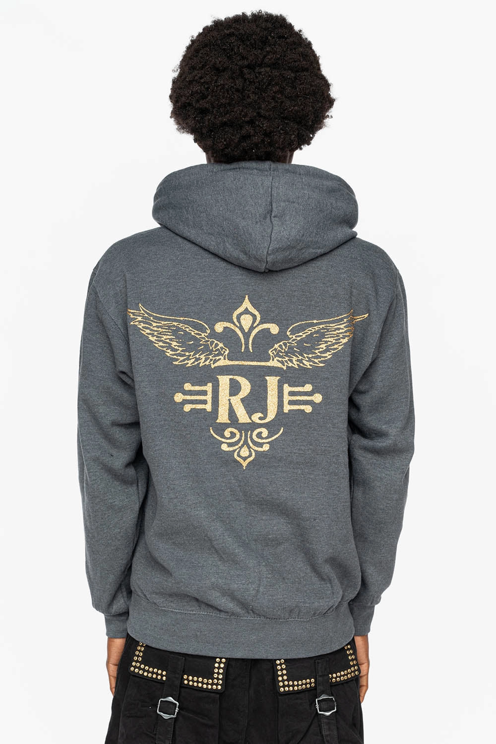 Cold Weather Protection PULLOVER HOODIE IN DARK HEATHER  WITH GOLD GLITTER FLEUR