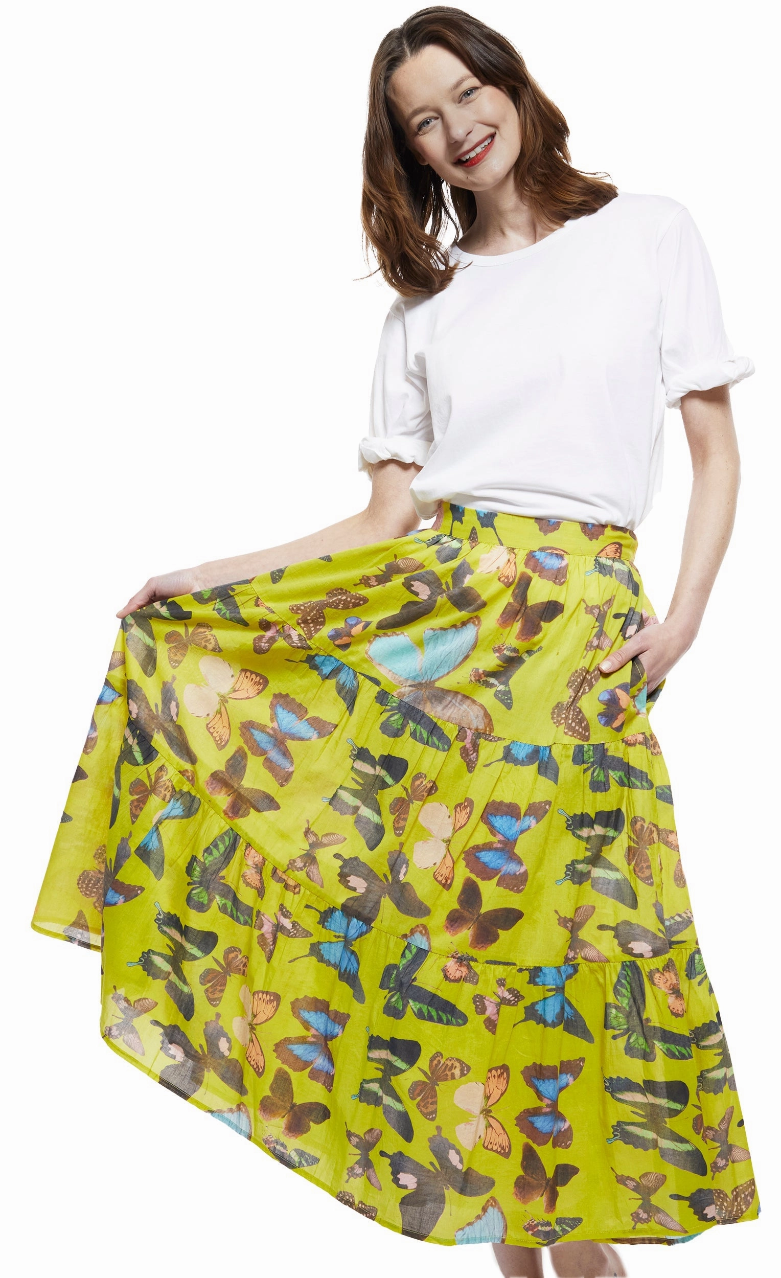 Animal Print Woodstock Midi Skirt - Chartreuse With Butterflies