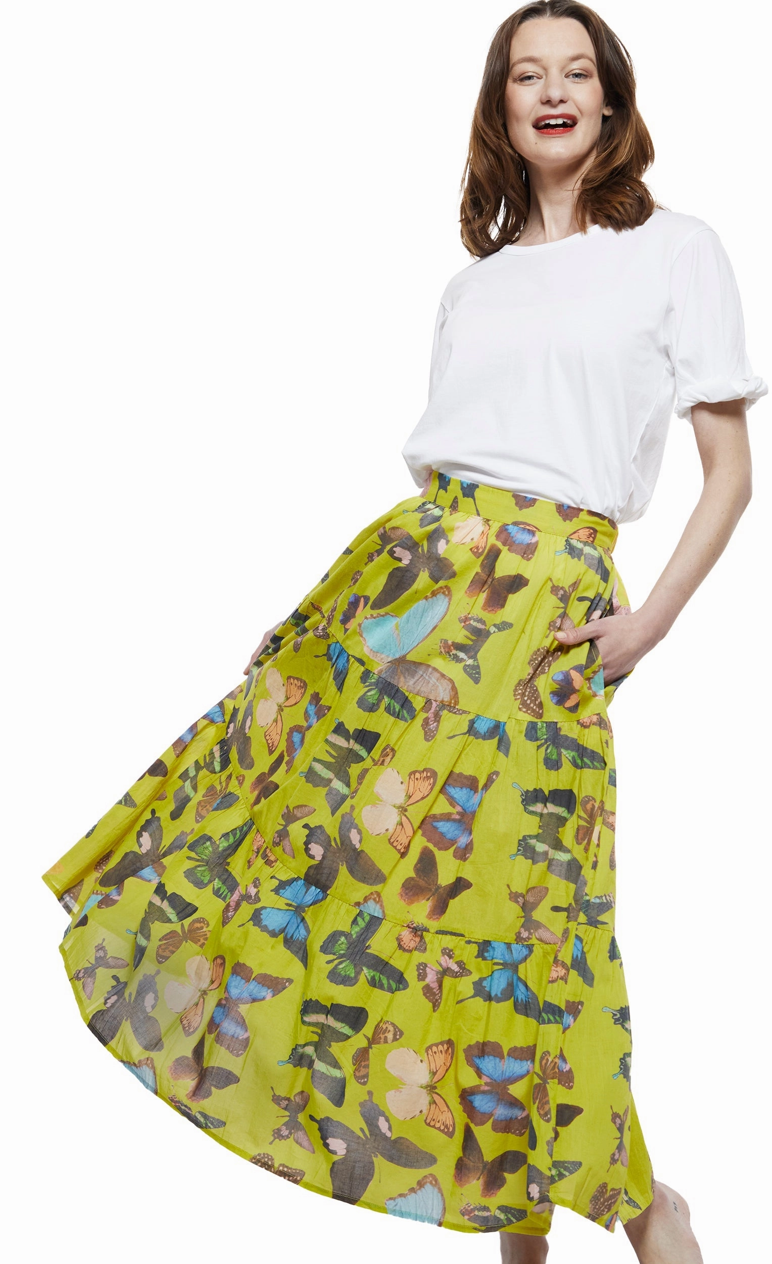 Woodstock Midi Skirt - Chartreuse With Butterflies Vibrant color