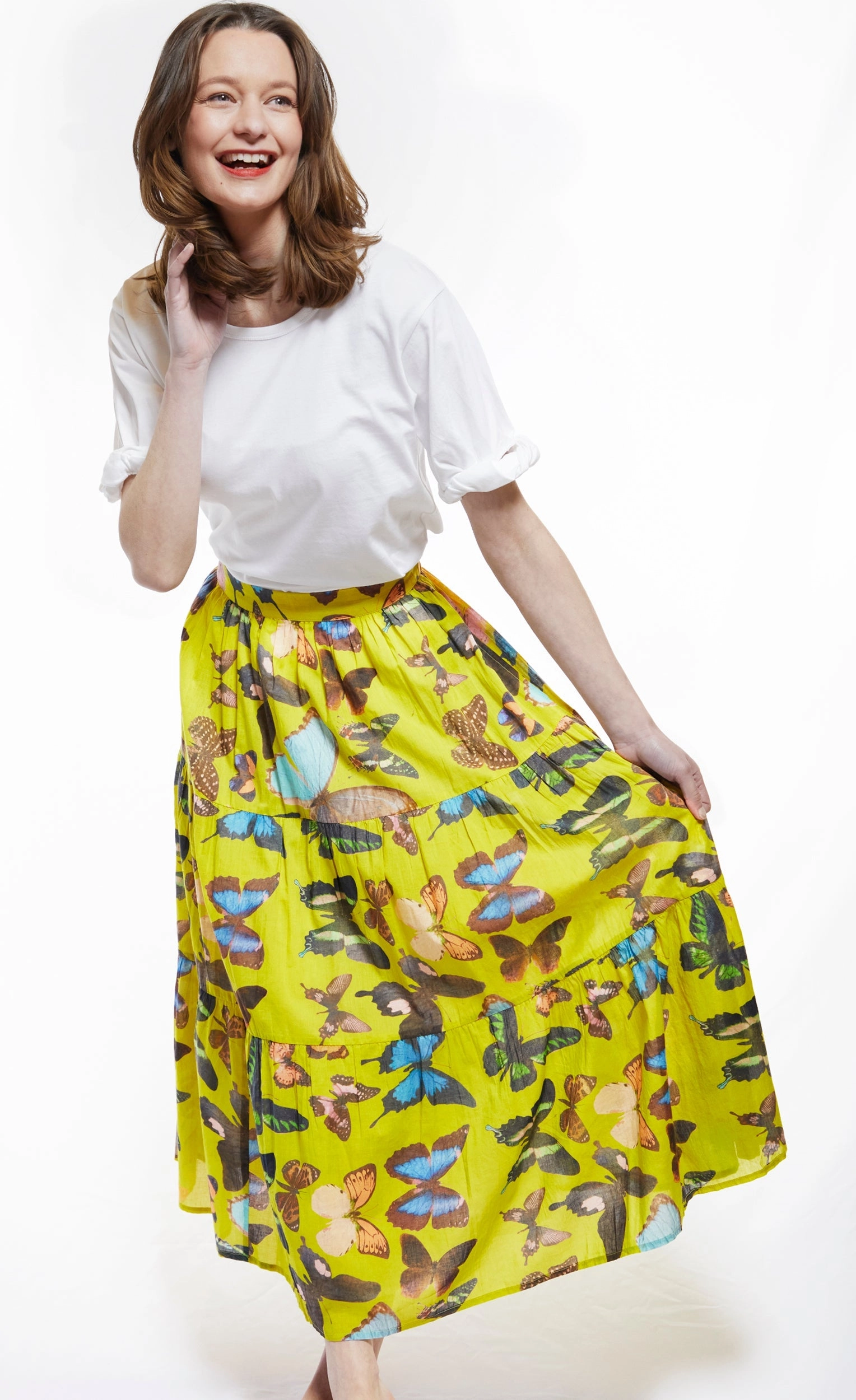 Crisscross Details Woodstock Midi Skirt - Chartreuse With Butterflies
