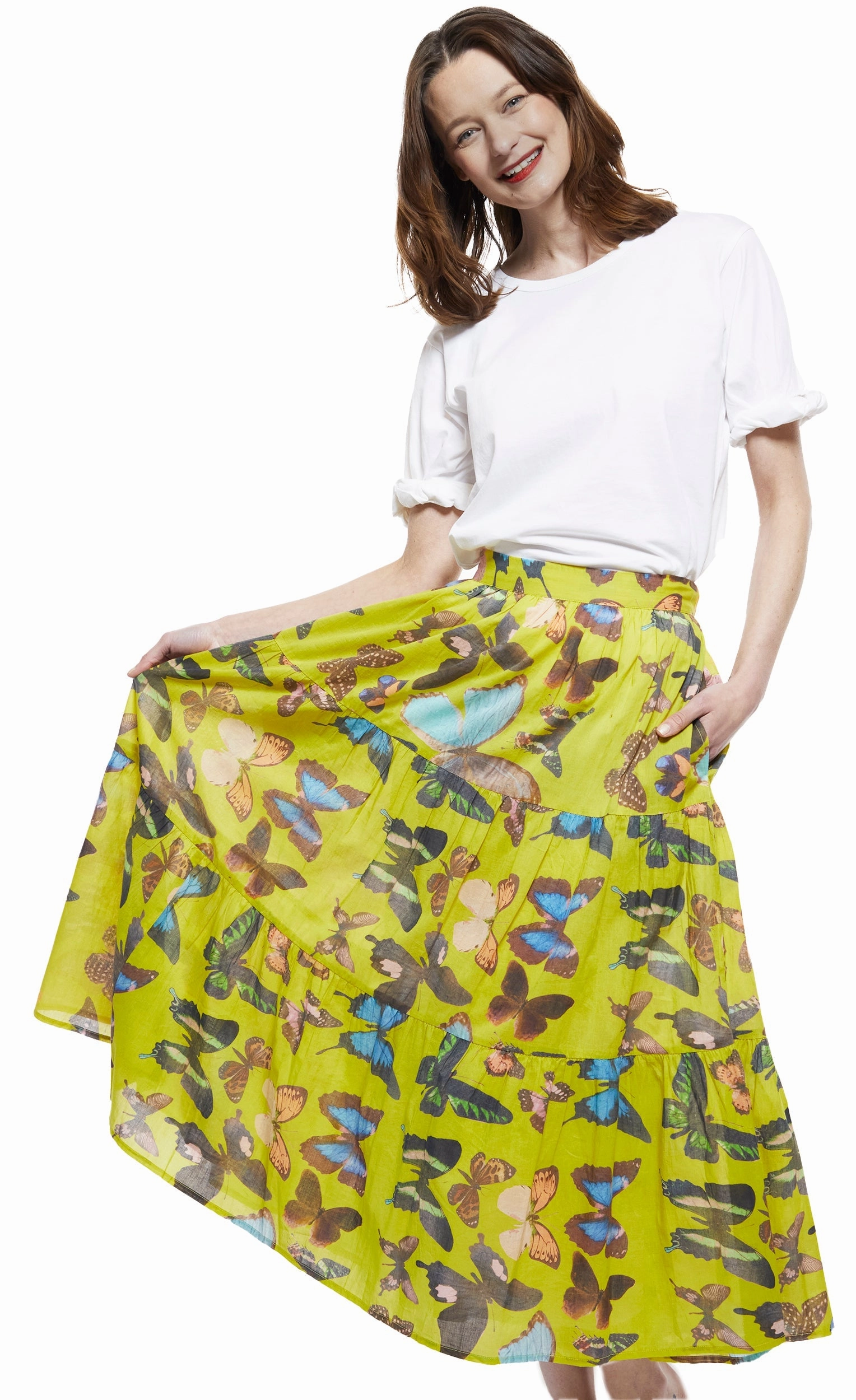 City Style Woodstock Midi Skirt - Chartreuse With Butterflies