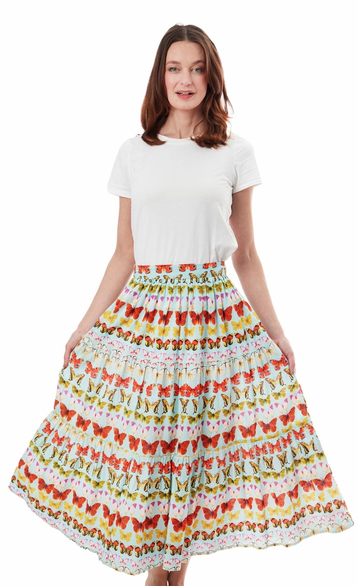 Woodstock Midi Skirt - White With Butterflies Smooth Feel