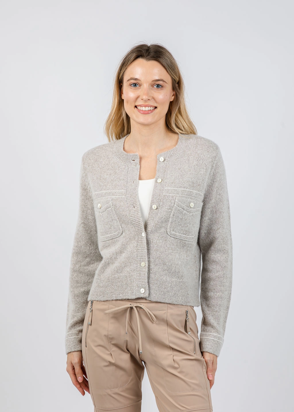 Wool/Cashmere Cardigan With Contrast Stitching - Hazel Zero Waste Manufacturing