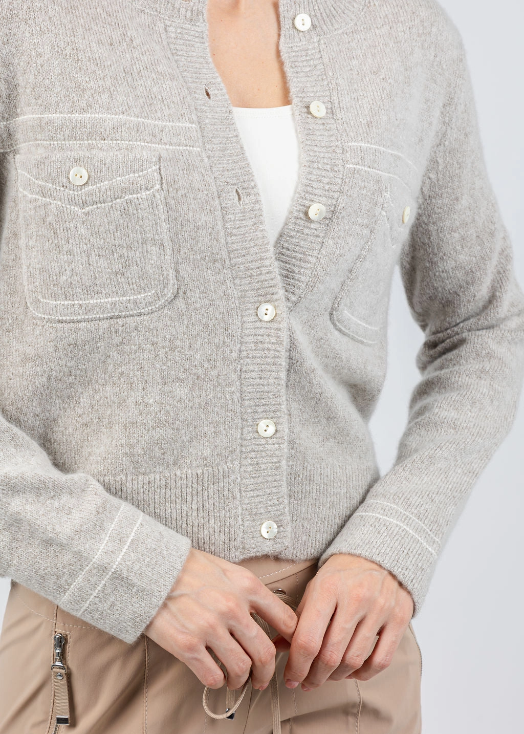 Cozy Design Fit Wool/Cashmere Cardigan With Contrast Stitching - Hazel