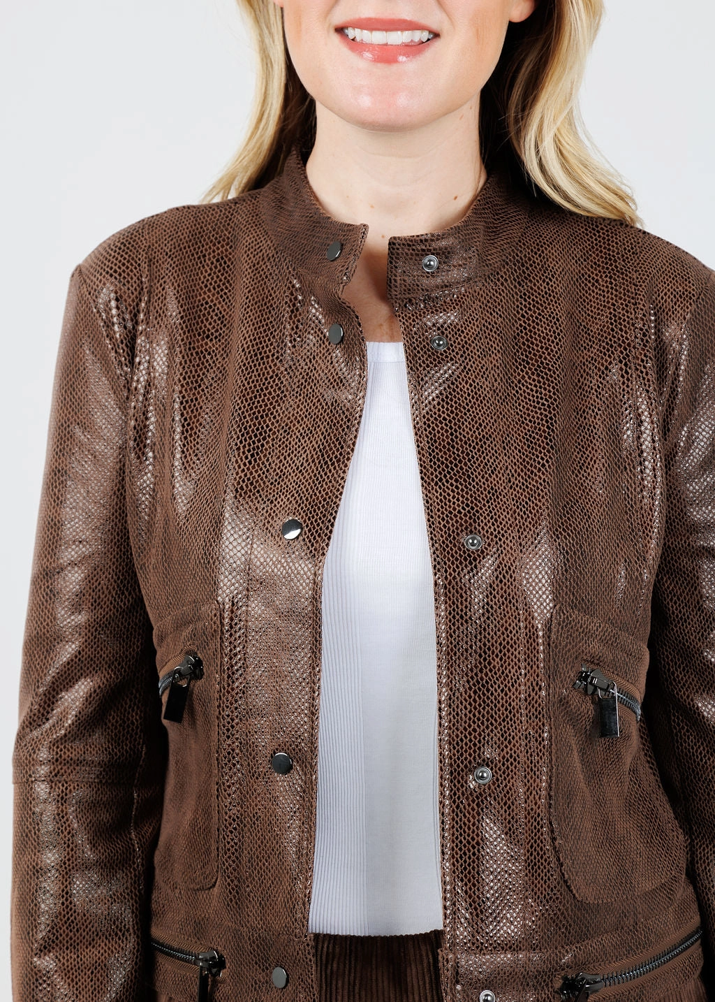 Anti Pilling Finish Foil Vegan Suede Moto Jacket - Robust Brown
