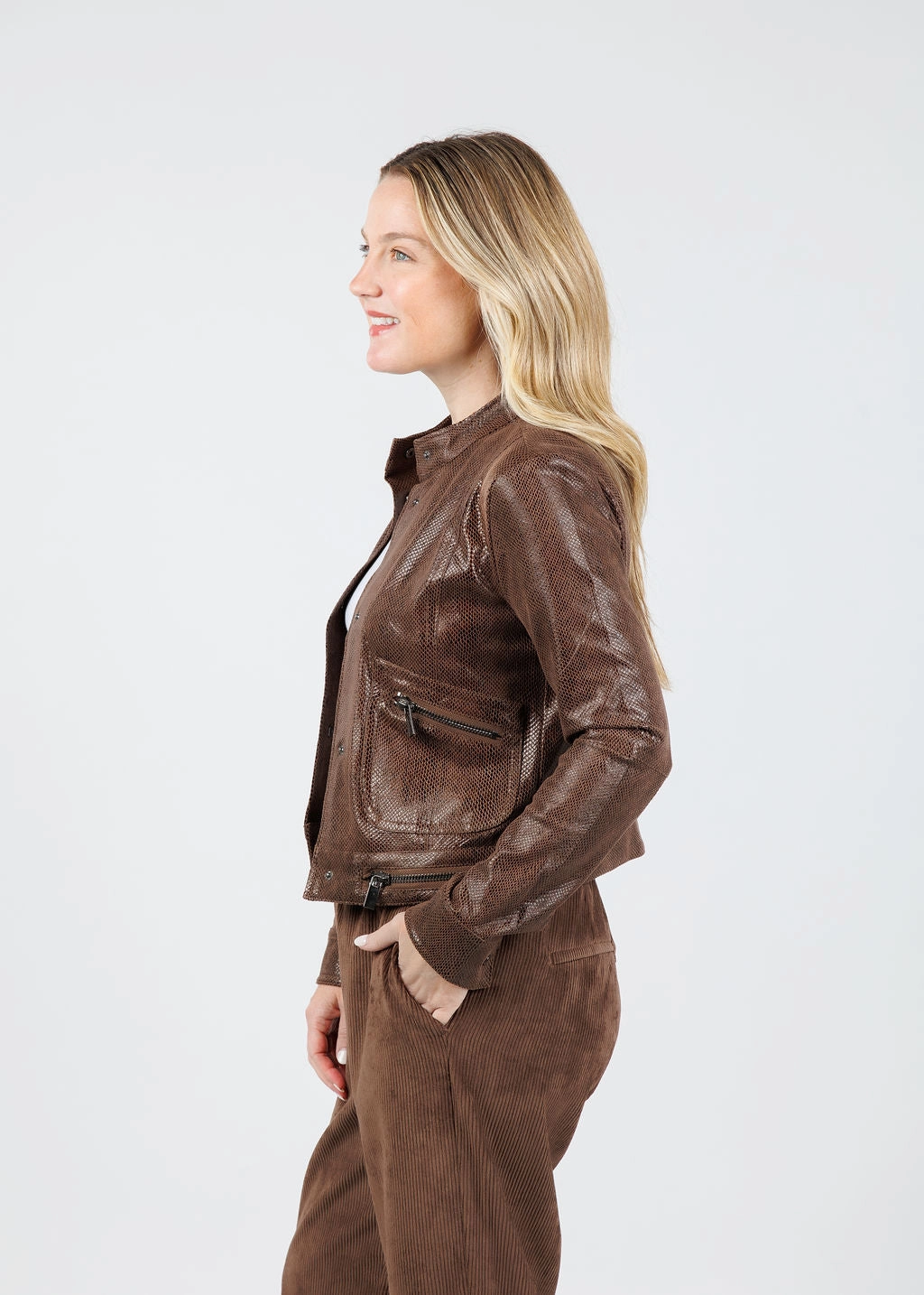 Foil Vegan Suede Moto Jacket - Robust Brown Anti Static Lining