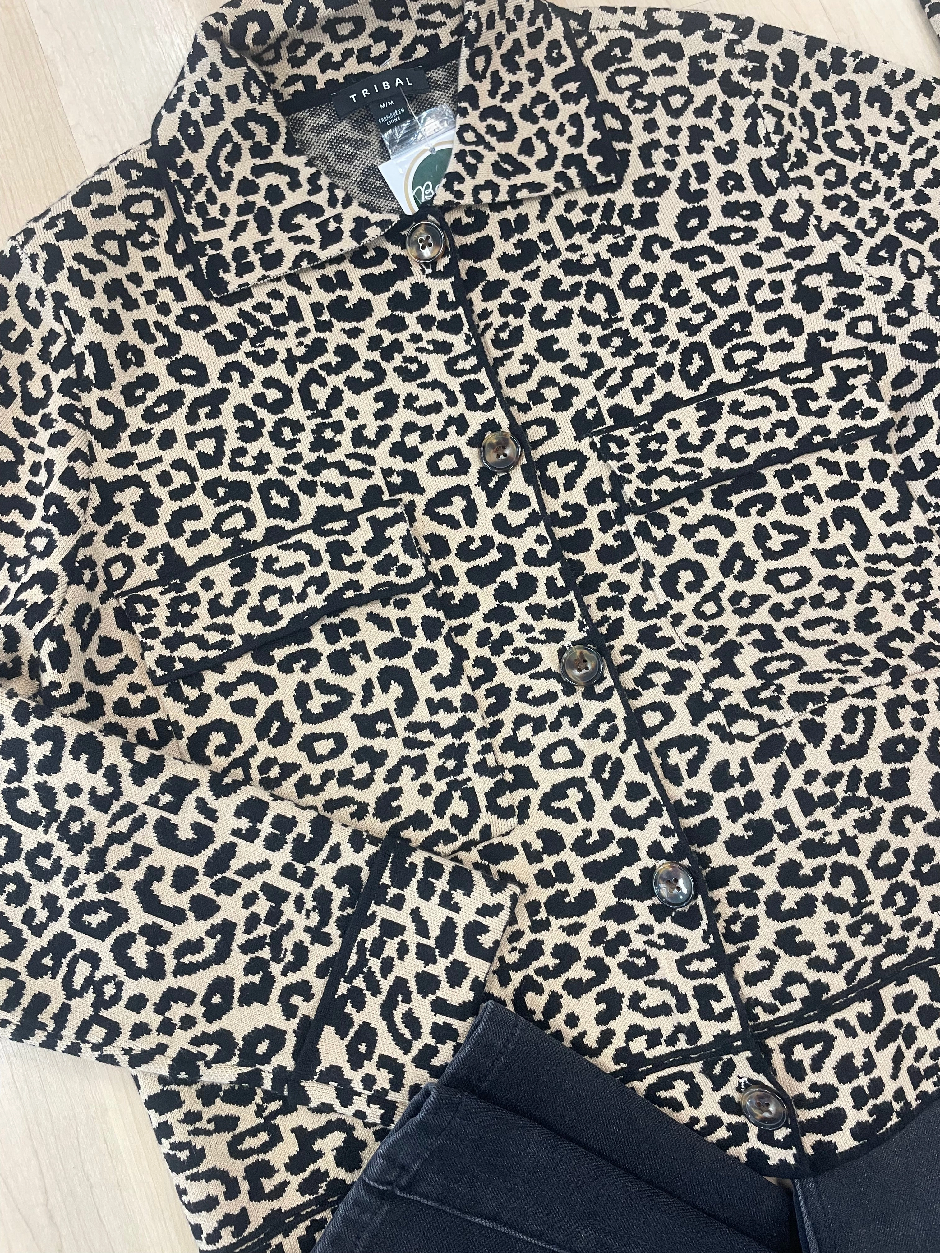 Tribal Double Knit Button-Front Animal Cardi Unlined Design Low Profile Seaming