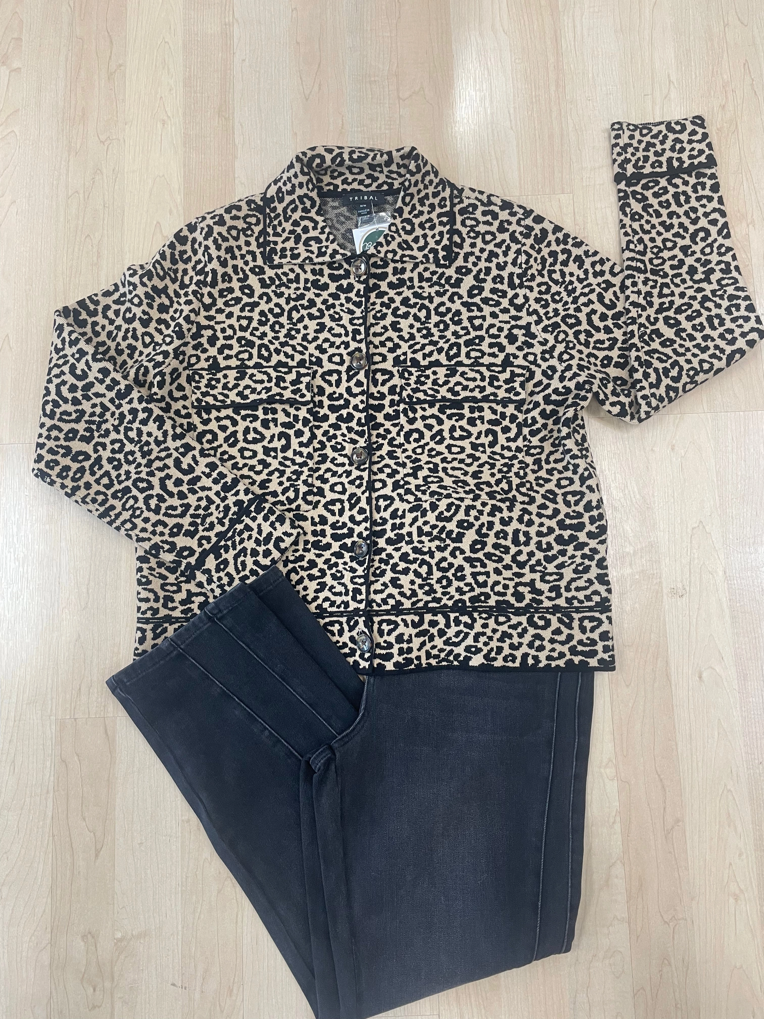 Office Attire Cool Weather Tribal Double Knit Button-Front Animal Cardi