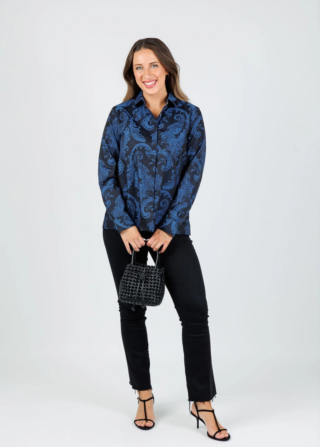 Affordable Fashion Weekend Adventure Xena Long Sleeve Black/Electric Blue Print Shirt