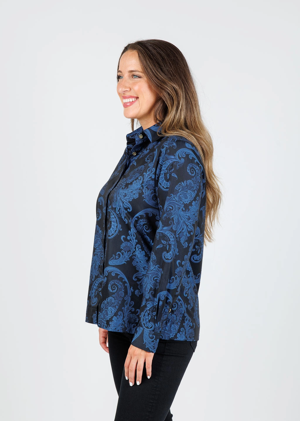 Unisex style UV Protective Coating Xena Long Sleeve Black/Electric Blue Print Shirt