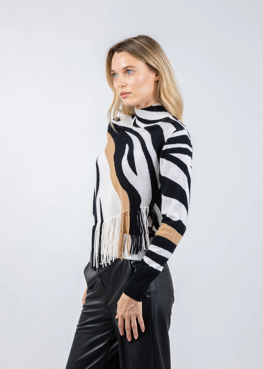 Cozy Designs Zebra Fringe Mock Neck Sweater - Organic White/Black