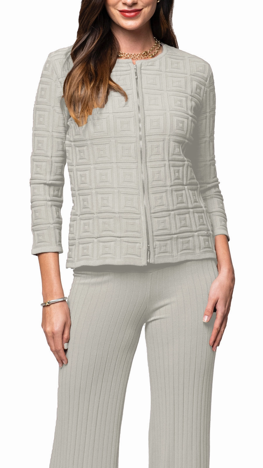 Anti Pilling Fabric Packable design Zia Square-Detail Knit Jacket - Beige