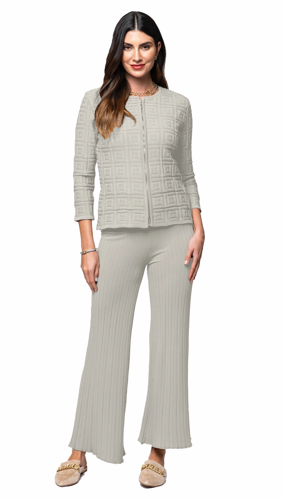 Zia Square-Detail Knit Jacket - Beige Zipper Closure System