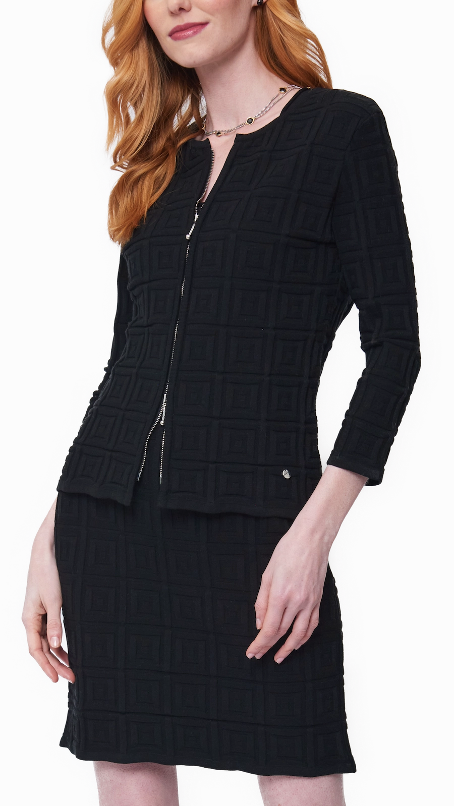 Non Restrictive Tailoring Moisture Wicking Inner Zia Square-Detail Knit Jacket - Black