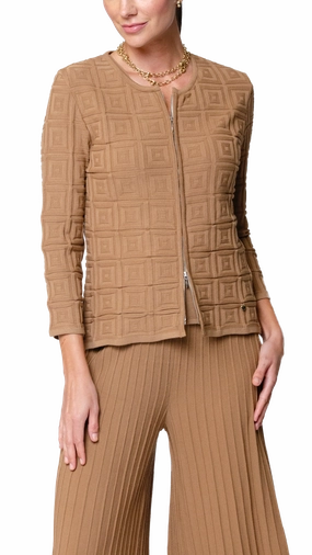 Zia Square-Detail Knit Jacket - Mocha Low Profile Collar