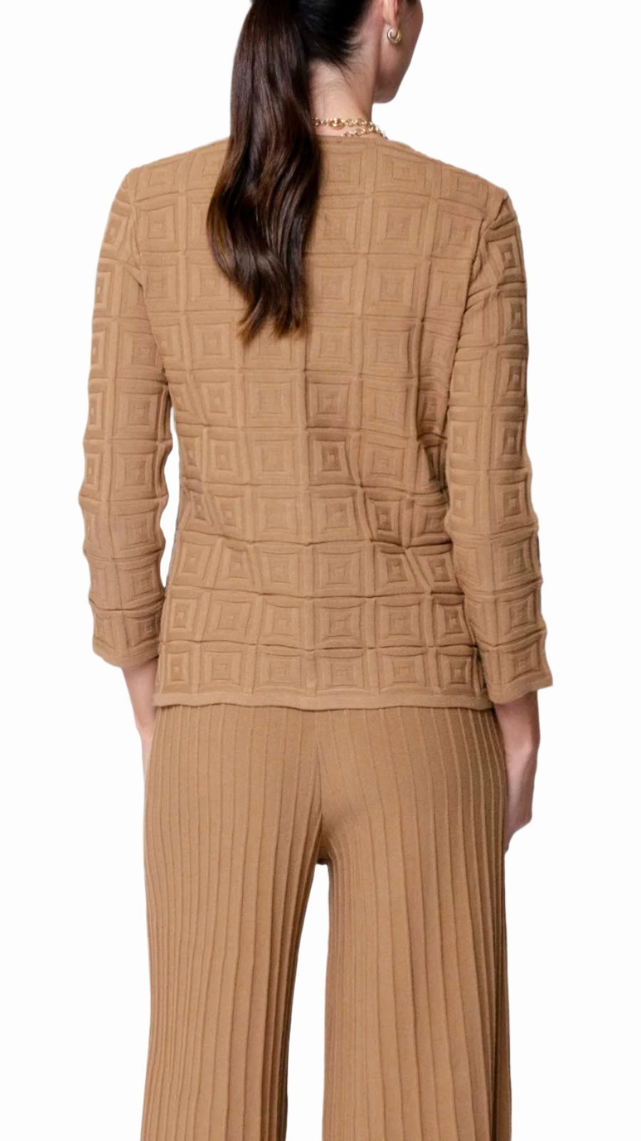 Zia Square-Detail Knit Jacket - Mocha Stand Collar Magnetic Fastenings