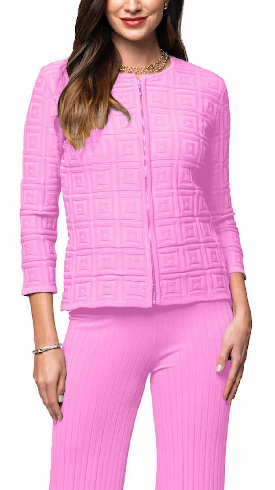 Zia Square-Detail Knit Jacket - Peony Ultra Light Packable Anti Slip Shoulder