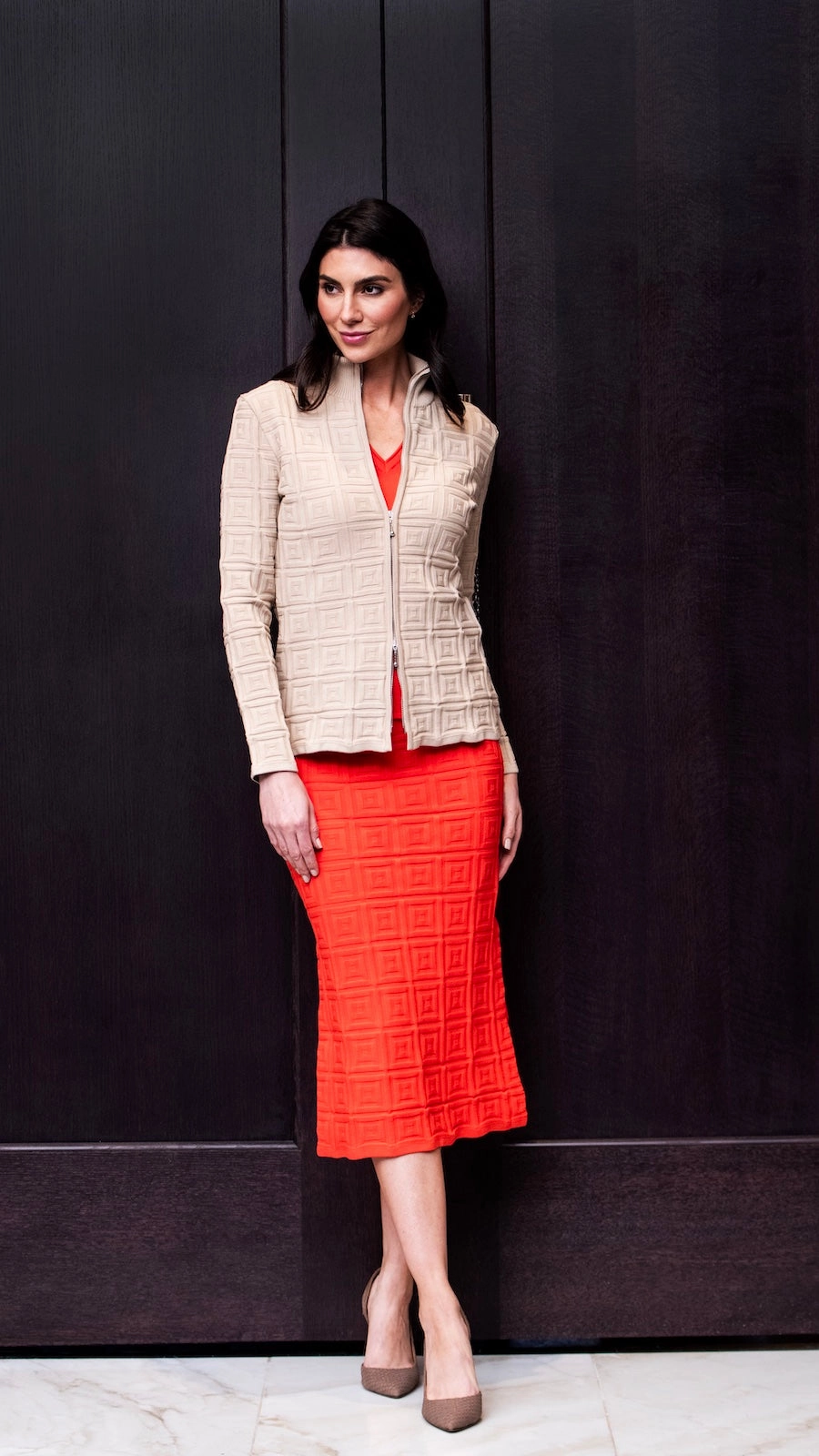 Zoe Square-Detail Knit Jacket - Warm Beige Eco Conscious Dye Process